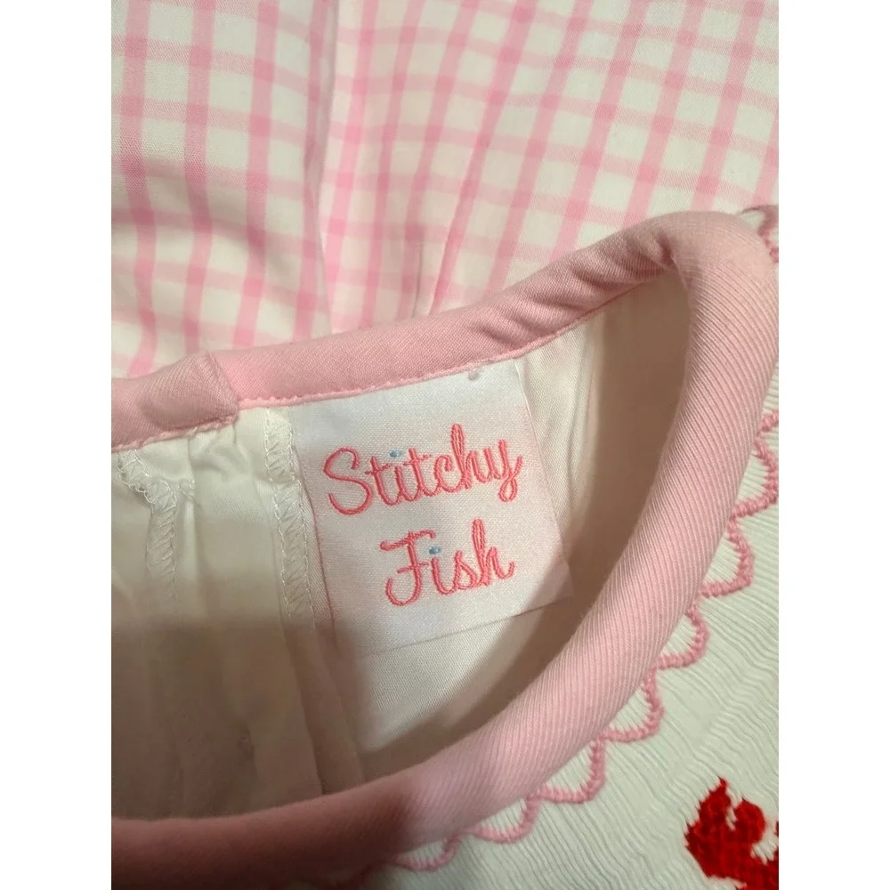 Stitchy Fish Girl Pink Gingham Smocked Crab Bishop Top & Bloomer Set 3T Nautical